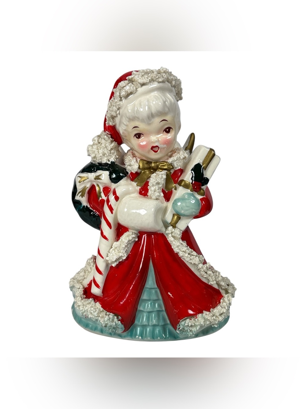 Vtg Napco 7" Christmas Shopping Angel Girl Figurine AX1703 1956 Spaghetti Trim
